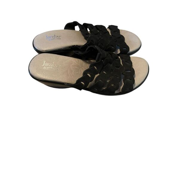 Jambu Romance Black Leather Memory Foam Wedge Sandals Size 9 - Picture 4 of 11